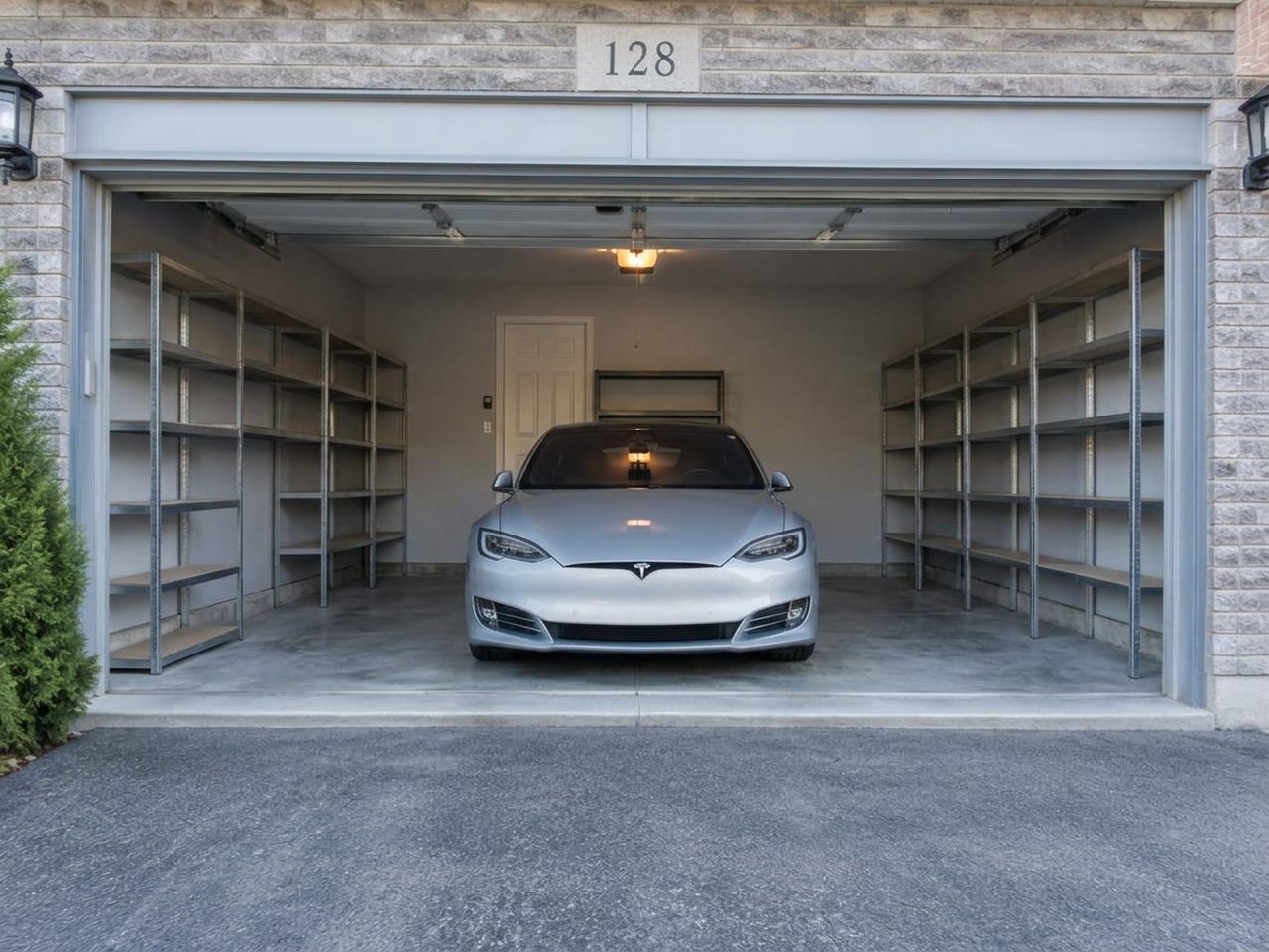 Empty swept double garage with a car parked inside after a Space Back cleanout