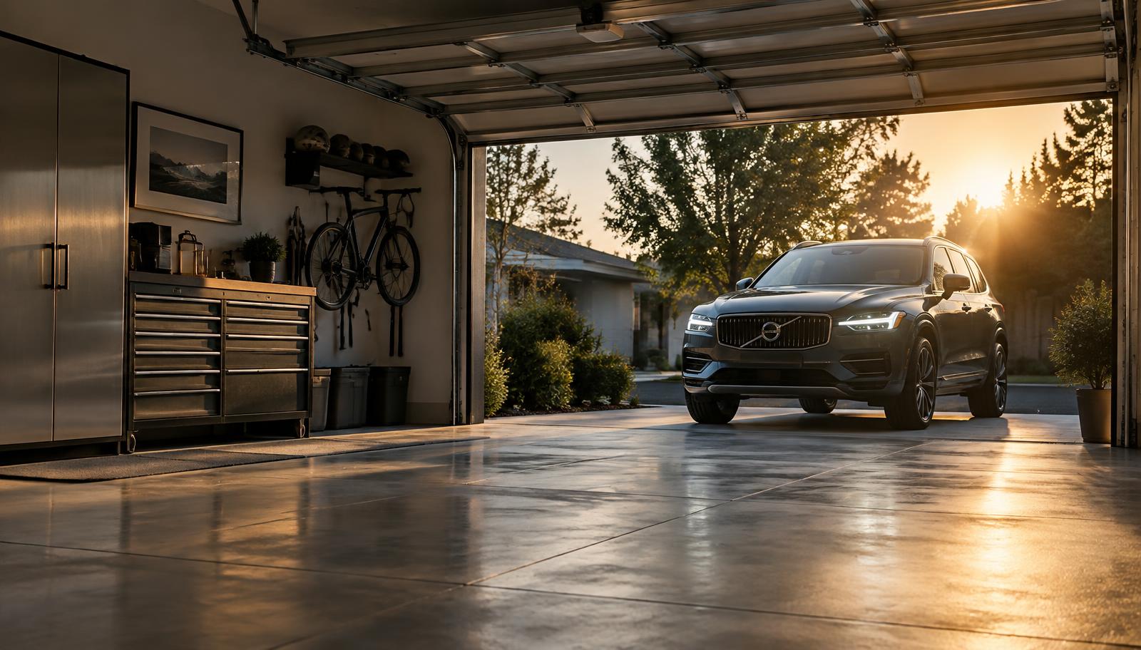 Car pulling into a clean, empty residential garage at golden hour